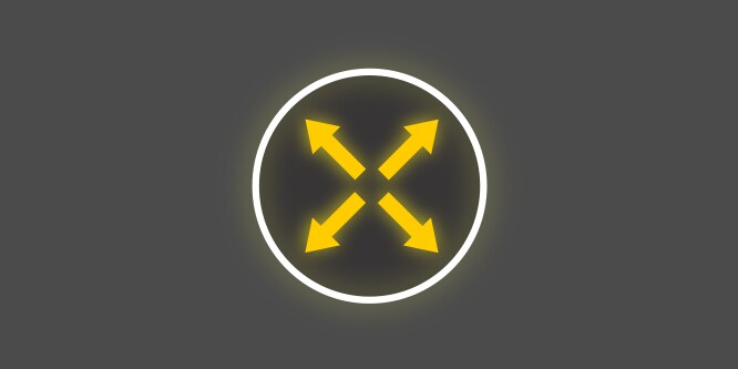 Geel-wit pictogram met 4 pijlen die vanuit het midden van een cirkel naar buiten wijzen, op een donkergrijze achtergrond, dat rek in 4 richtingen weergeeft.
