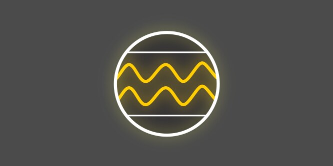 Geel-wit pictogram met gele zigzaglijnen binnen een cirkel, op een donkergrijze achtergrond, dat een comfortband en siliconen nopjes afbeeldt.
